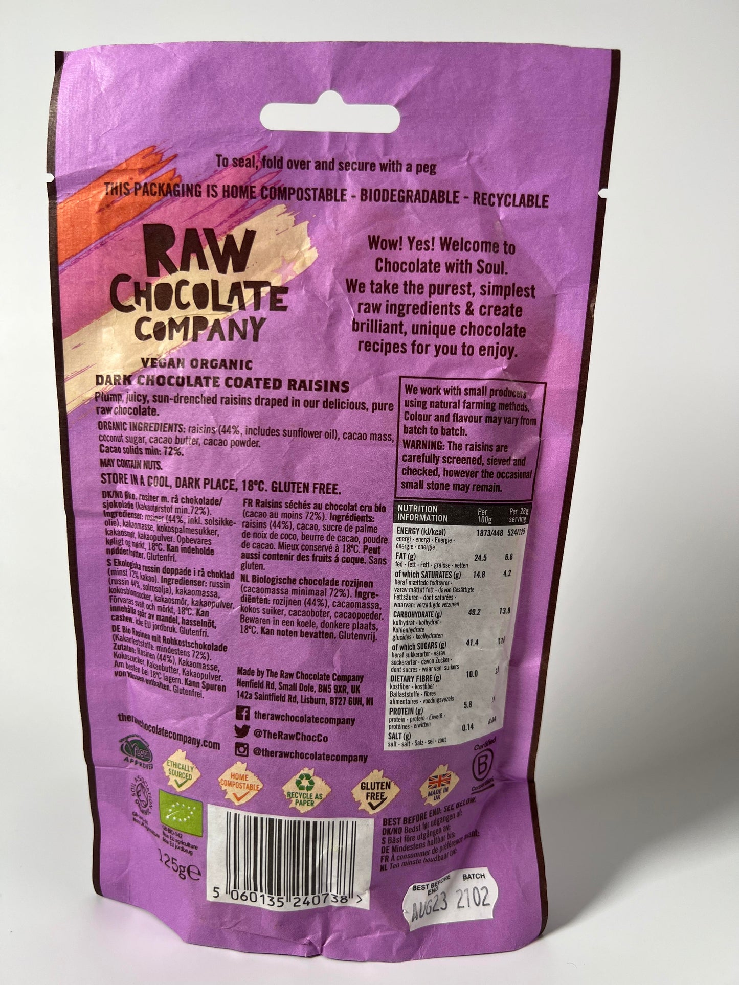Raw Chocolate Company Organic Chocolate Raisins 125g Vegan Natural Organic Gluten Free
