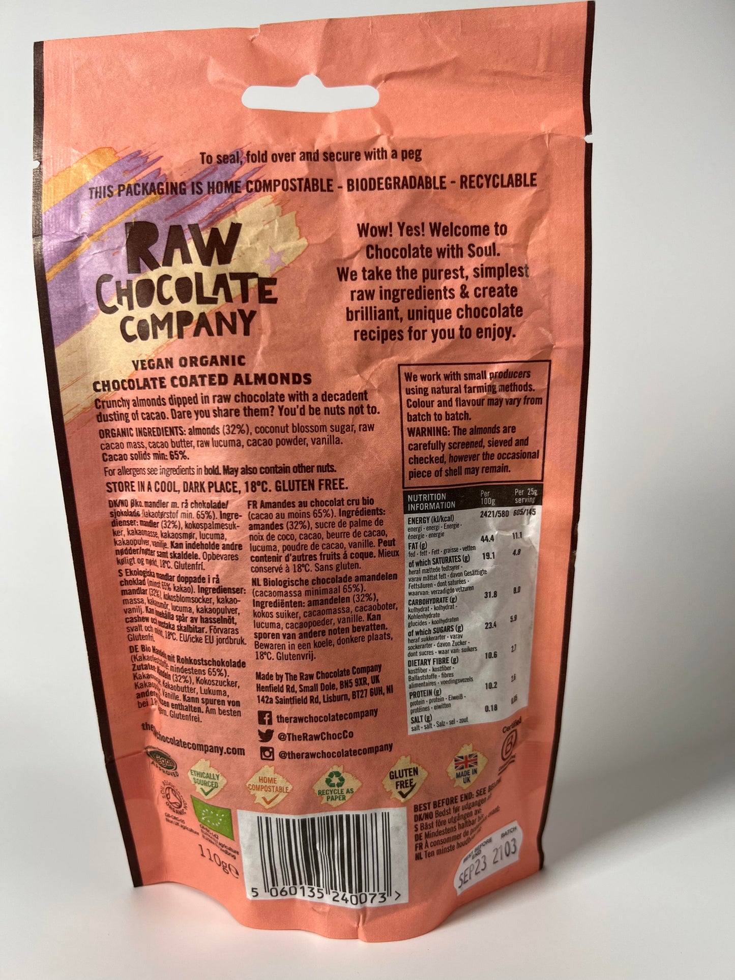 Raw Chocolate Company Chocolate Almonds 110g Vegan Natural Organic Gluten Free